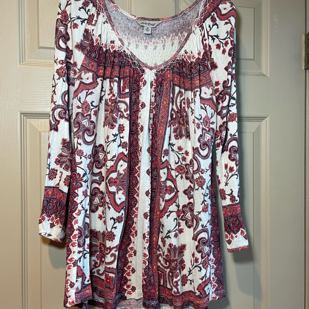 Lucky Brand Women's Floral Print Long Sleeve Top - Rust/Red & Cream, Size Medium